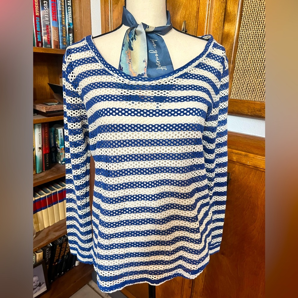 Whetherly cotton top blue and off-white stripes. Size M